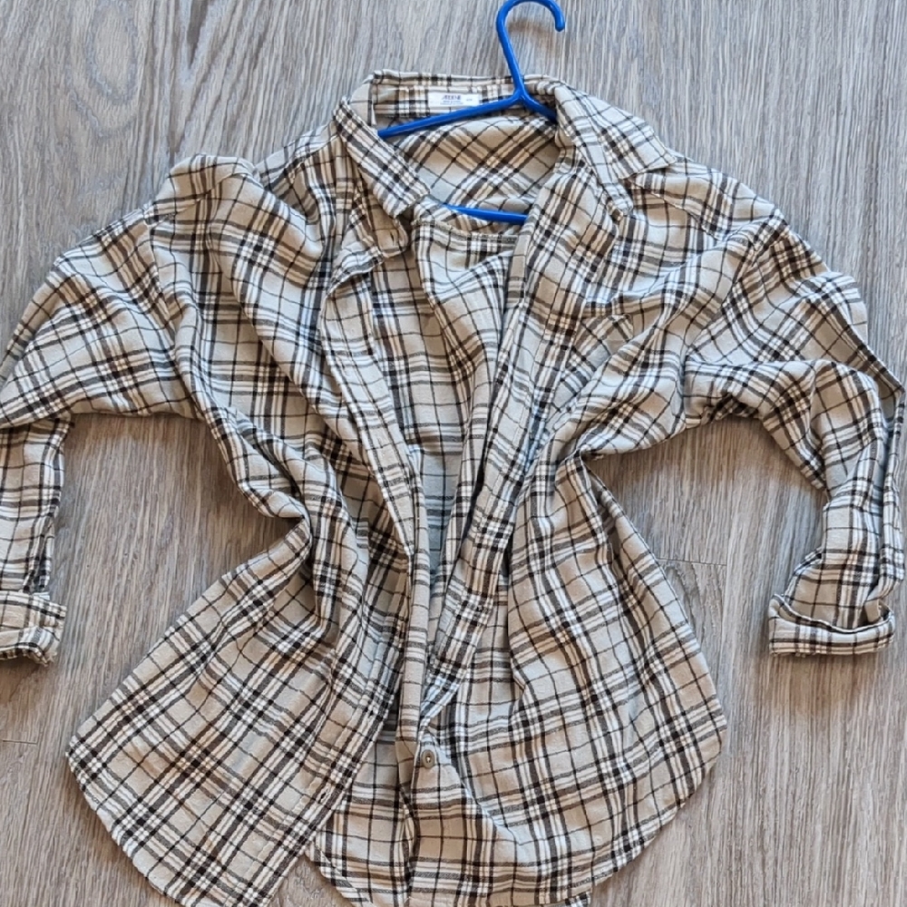 Medium Plaid Brown Tan Long Sleeve Button Shirt Womens
